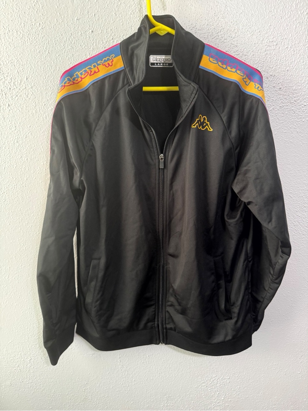Kappa Black Track Jacket with Yellow Logo and Rainbow Shoulder Stripe large